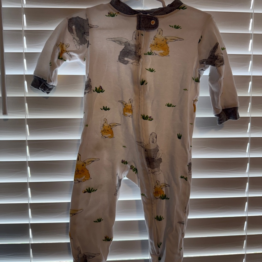 Burt's Bees White Footed One-Piece with Yellow and Gray Bunny Print
